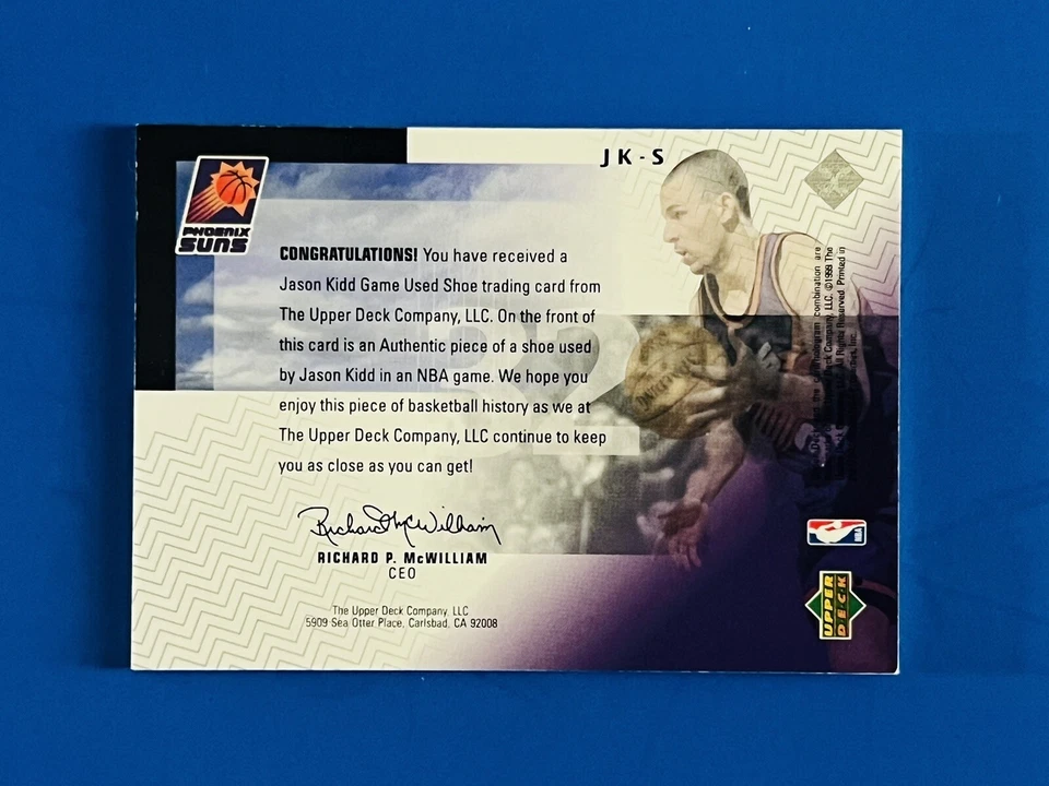 1999-00 UD HoloGrFx Jason Kidd Suns NBA Shoetime Juego Usado Tarjeta de Zapato #JK-S Raro! Foto 2 de 2