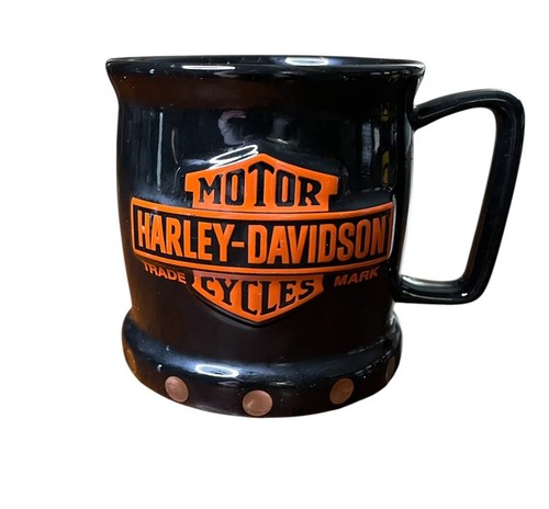 HARLEY-DAVIDSON Motor Cycles 3D Logo MUG Coffee Cup Silver Studs Orange Black