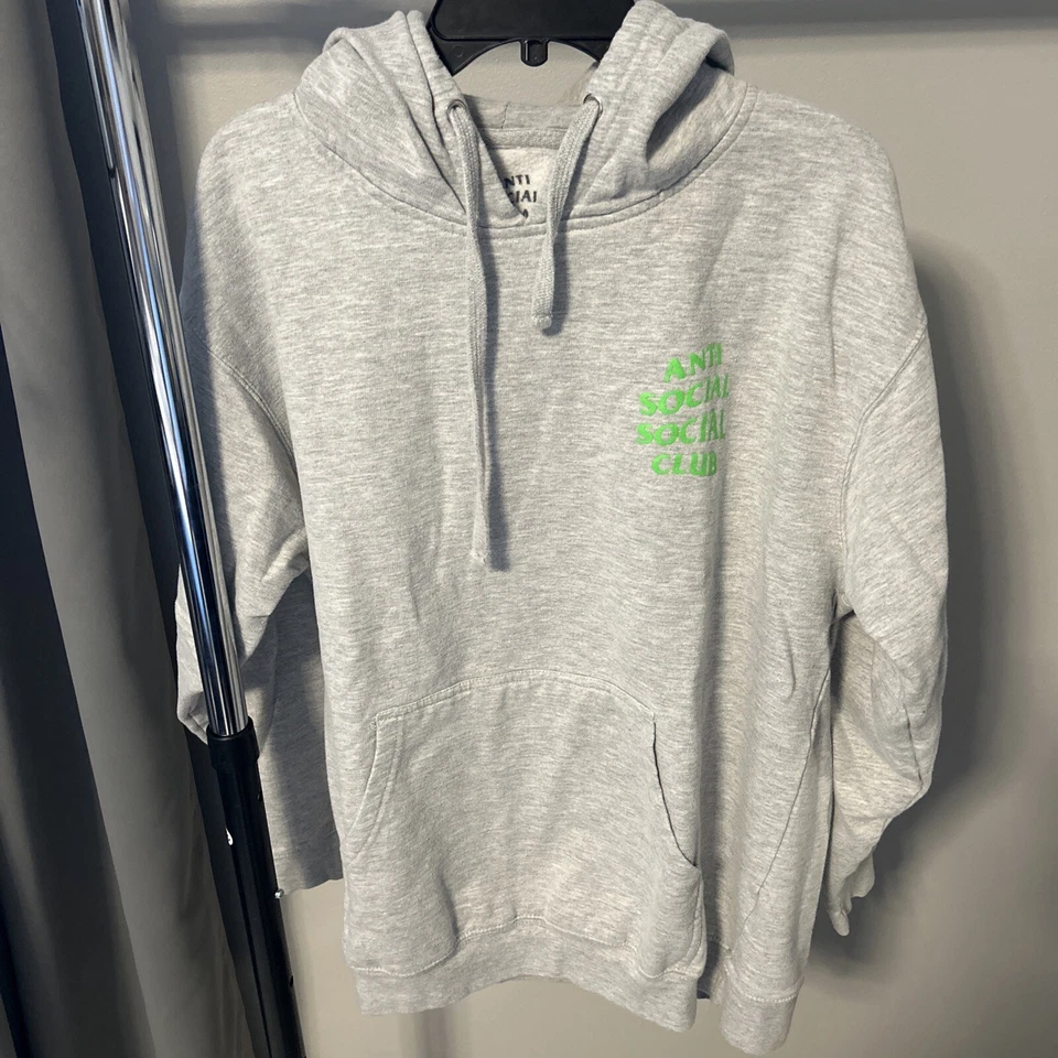 Y2K Men’s Anti Social Social Club Hoodie Gray And Neon Green Hoodie Size L Rare - Image 3 of 4