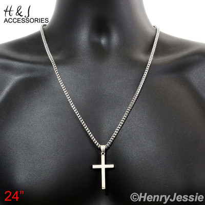 24''MEN Stainless Steel 2mm Silver Franco Box Necklace Simple Cross Pendant*SP