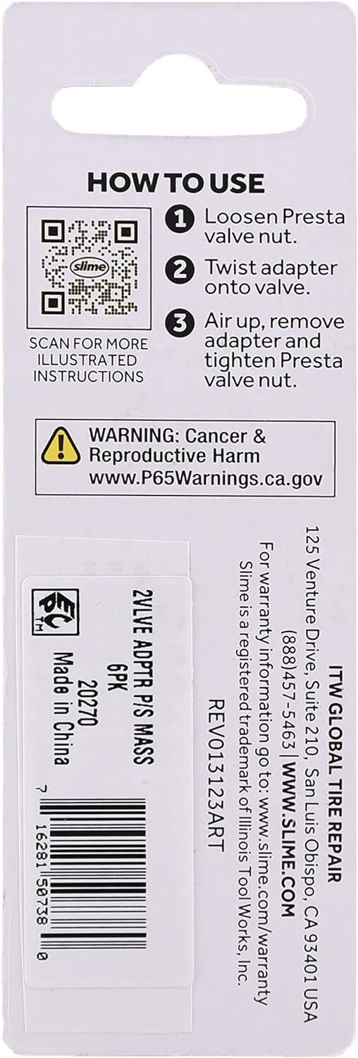 Slime Presta To Schrader (Standard) Bicycle Valve Adapter Pump