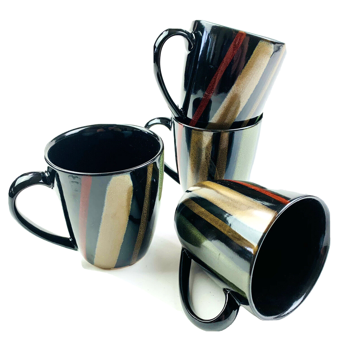 Sango Avanti Black 4721 Coffee Mugs Set Of Black Green, Gold, Orange 12  0z EUC