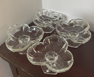 Four Clear Glass Clover Shape Triple Scoop Soda Fountain Ice Cream Footed Dish