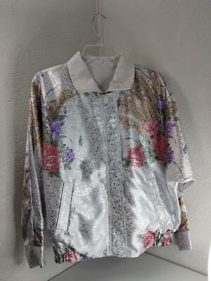 VTG 80s Seoul Korea Olympic Satin White Rose Floral Bomber Jacket