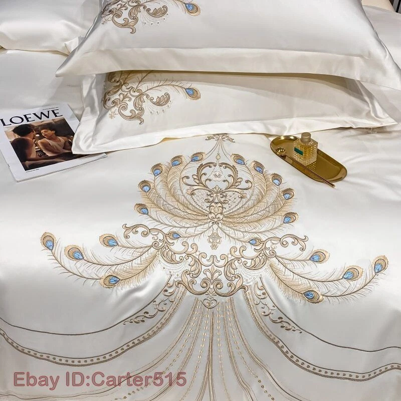 Luxury Gold Feather Embroidery Egyptian Cotton Duvet Cover Bed Sheet Bedding Set - Image 3 of 4