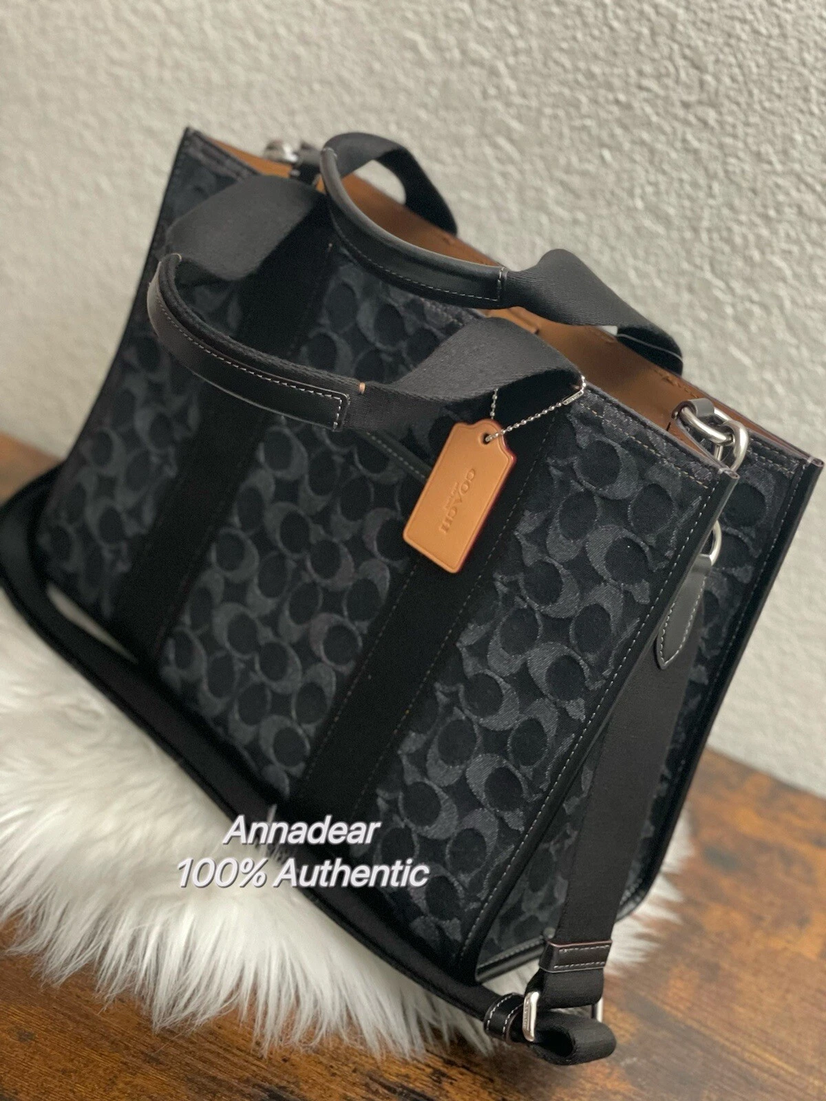 Borsa a tracolla nuova con etichette Coach CP105 Smith Tote con firma denim tela nera in pelle