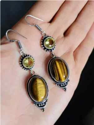 Tiger Auge, Zitrone Topas Edelstein 925 Sterling Silber Handgemacht Ohrring S-40 - Bild 1 von 4