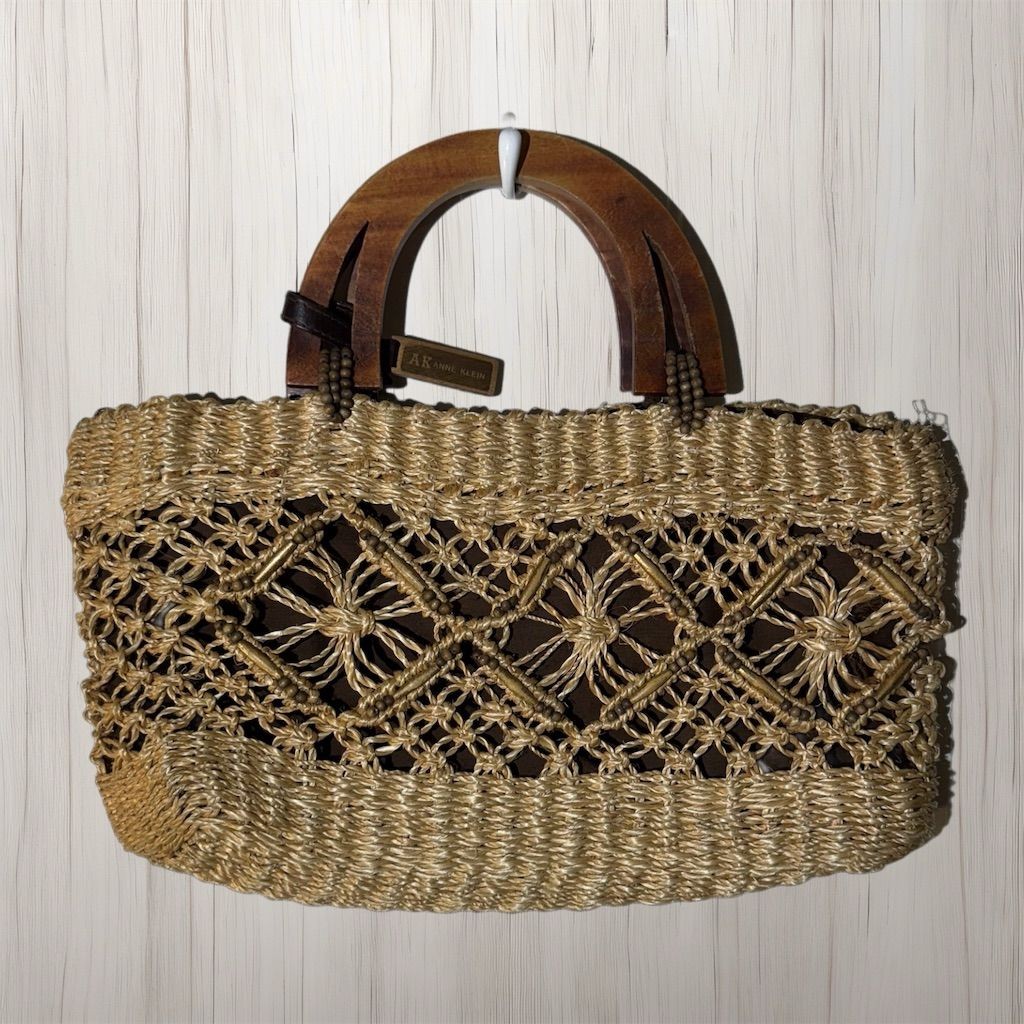 Anne Klein Woven Straw Macrame Handbag Boho Tote Purse Wooden Handles  Coastal