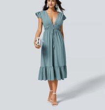 Halara Dress Medium Breezeful Deep V Butterfly Sleeve Pocket Ruffle Hem Midi NWT