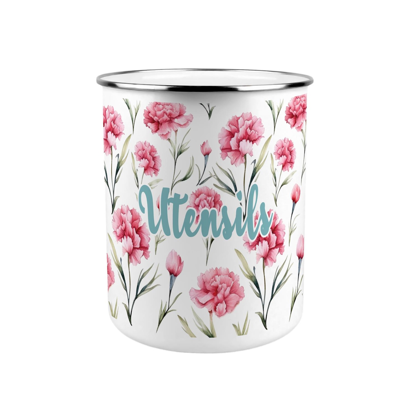 Pink Carnations Utensil Pot - Enamel XL Kitchen Utensil Organiser Decor Gift