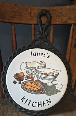 Vtg Orient cast iron Ceramic Trivet Hanging JANET Kitchen Flour egg Baking Milk