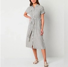 a.n.a White Navy Striped Shirt Midi Dress with Tie Waist - Linen Rayon, Pockets