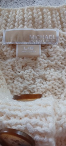 MICHAEL KORS CROPPED CREAM COLOR CABLE KNIT SWEATER 3-BUTTON NECKLINE SIZE LARGE - Picture 2 of 13