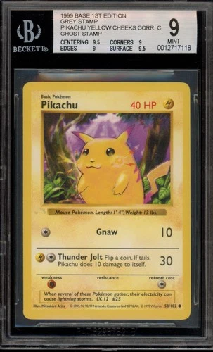 Pokemon Pikachu Ghost Stamp Base Set Shadowless 1st Ed Yellow Cheeks #58 BGS 9