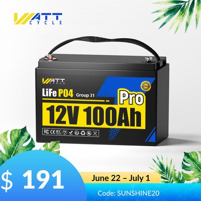 WattCycle 12V 100Ah Pro Group 31 LiFePO4 Battery Lithium 110A BMS RV Solar Panel
