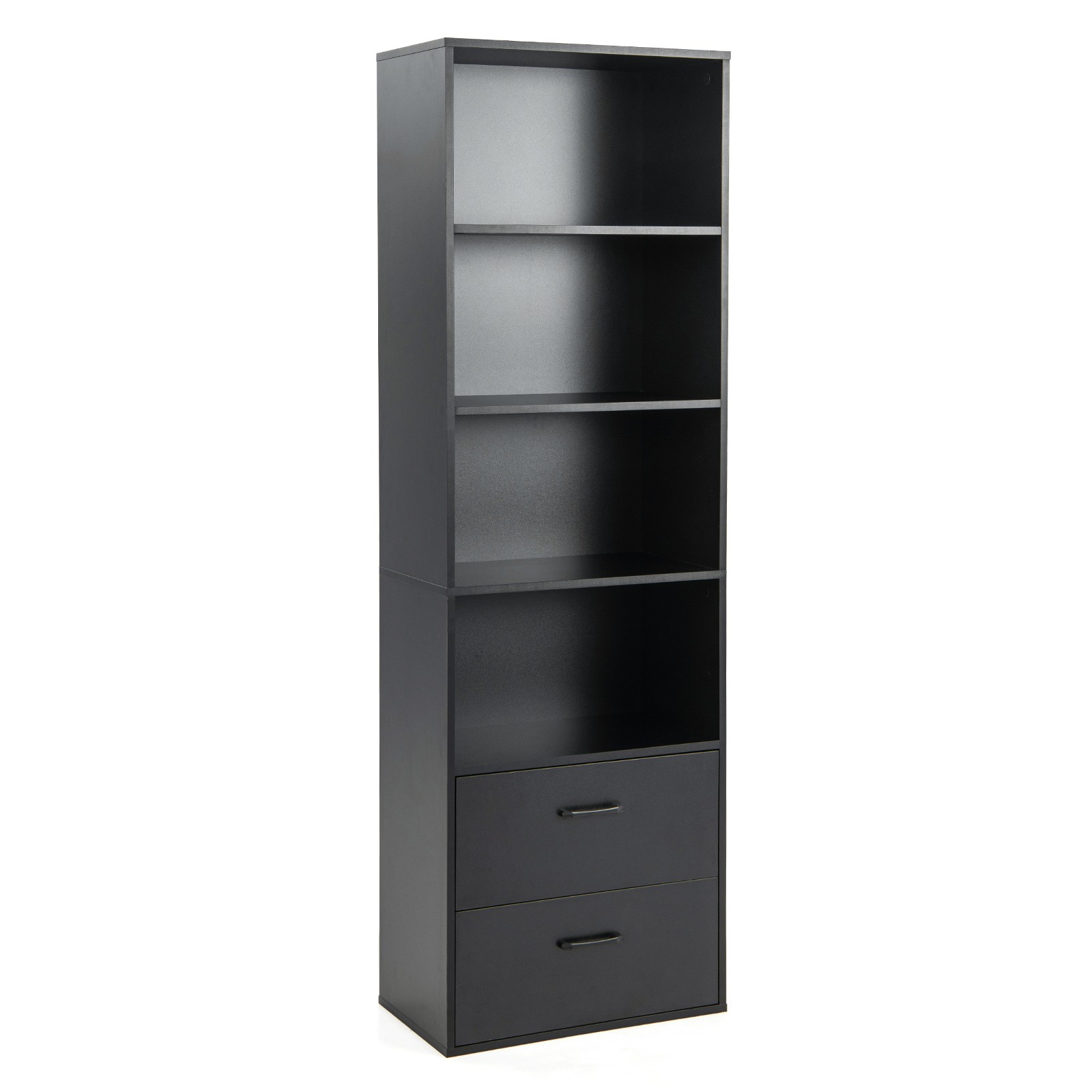6-Tier 74&rdquo; Tall Bookcase Bookshelf w/ 4 Open Shelves & 2 Large Drawers Black
