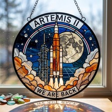 Return to Moon Inspired Suncatcher, Stained Glass Rocket Window Hanging, Space