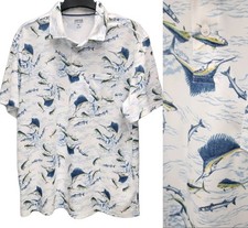 Izod Saltwater Polo Shirt Mens XL Blue Marlin Fish All Over Print Beachwear