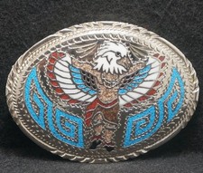 XC09121 VINTAGE 1988 NATIVE AMERICAN TRIBAL DANCE BIRD HEAD  WINGS BELT BUCKLE