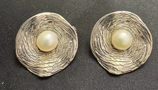 Sterling Silver .925 Pearl Circle Hagit Gorali Israel Stud Earrings