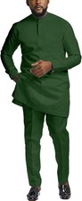 African Suits for Men, Slim Fit Dashiki Long Sleeve Shirt  Pant, Army Green, L