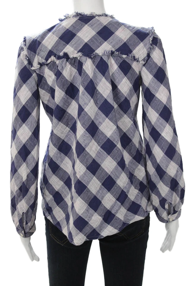 Blusa túnica William Rast para mujer bohemia a cuadros azul botón manga larga talla S Foto 3 de 4