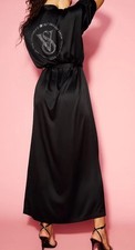 Victoria's Secret satin robe Fashion Show 2024 Black long rhinestones shine logo