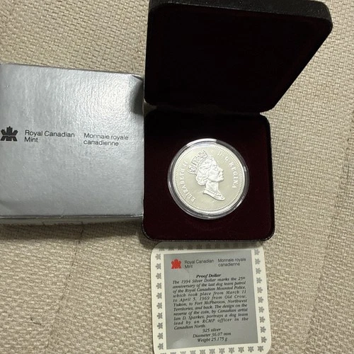 1994 Royal Canadian Mint Proof Silver Dollar RCMP Dog Sled Patrol w/ OGP & COA