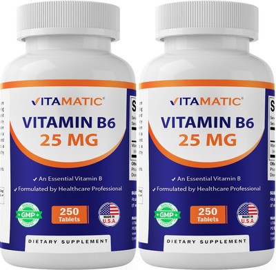 2 Pack Vitamatic Vitamin B6 (Pyridoxine HCI), 25 mg - 250 Vegetarian Tablets