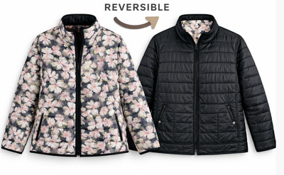 Basler Reversible Quilted Jacket 50 2X Black Floral Zip Lightweight Germany