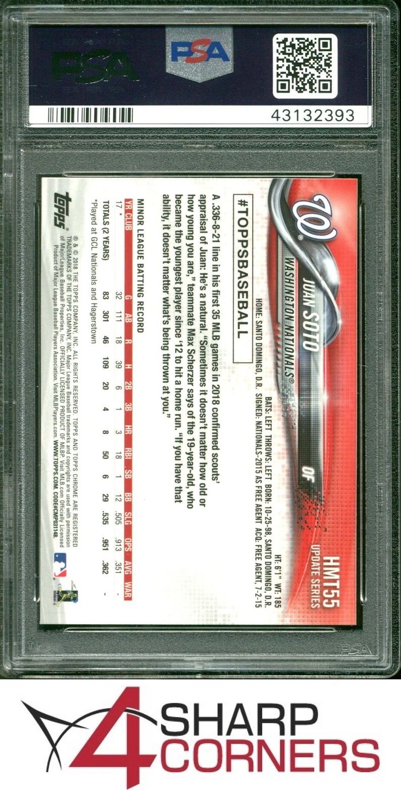 2018 TOPPS CHROME UPDATE #HMT55 JUAN SOTO RC NATIONALS PSA 10 view 2