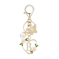 Gold Heart Initial Letter Keychain for Women Key chain Keyring for Heart B
