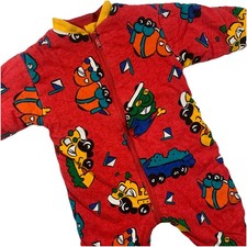 Vintage Reversible 80's Baby Romper Thick Construction Trucks Bear Approx 3-6 M