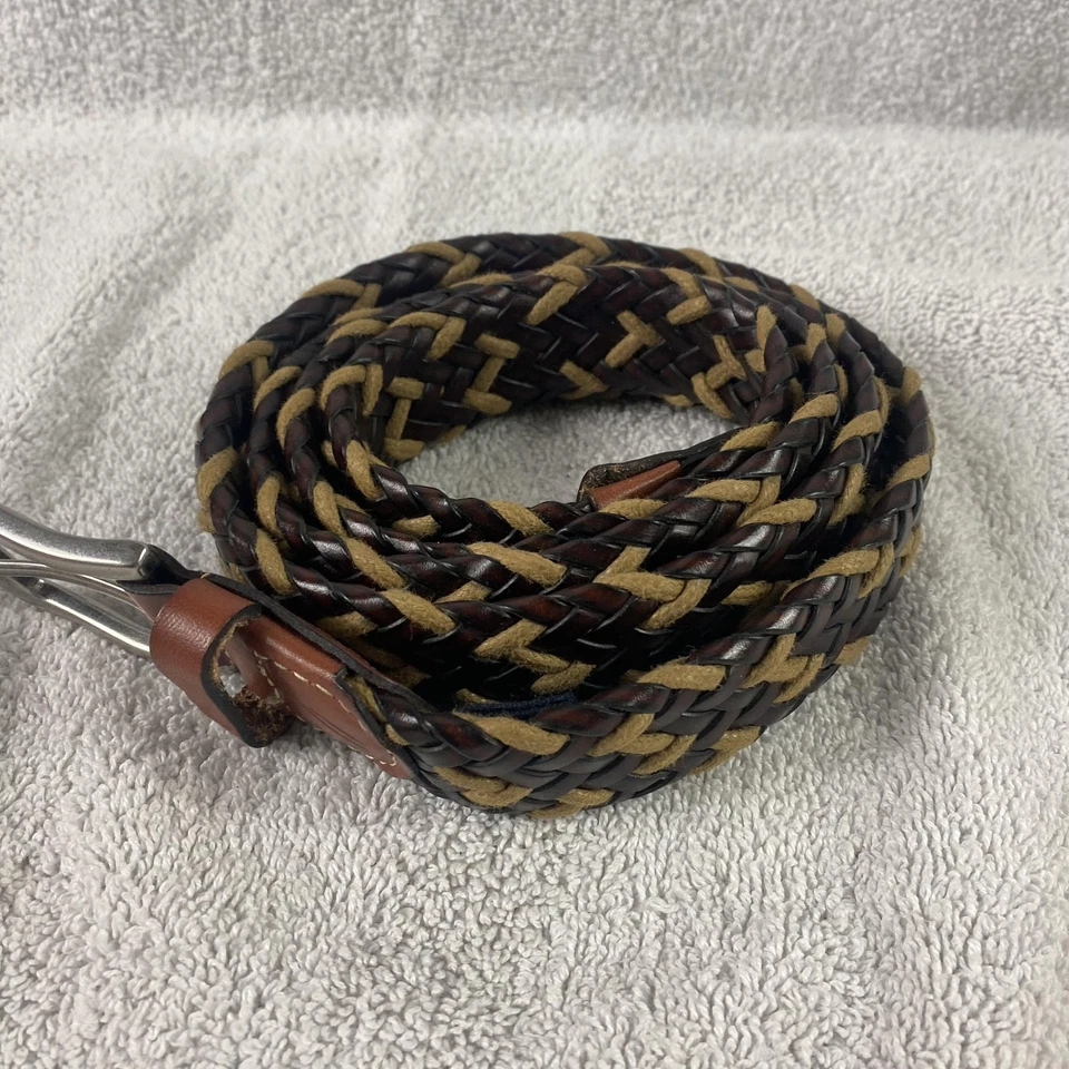 Cinto Nautica Masculino XL 42/44 Marrom Bronzeado Tecido Trançado Couro Fivela Tom Prata - Imagem 4 de 4