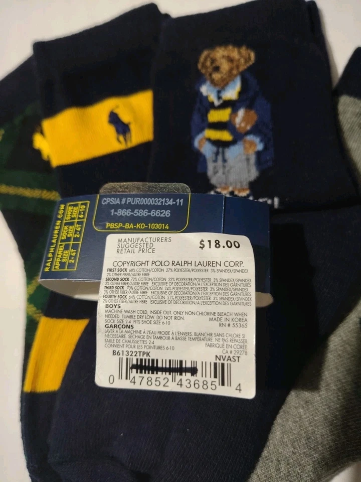 2-4T Niños pequeños Ralph Lauren 🐻 POLO BEAR Calcetines Polo Fútbol Oso 4 pai Foto 2 de 2