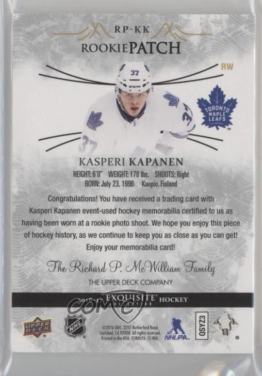 2016-17 Upper Deck Black Diamond Exquisite Rookie /299 Kasperi Kapanen Patch RC - Image 2 of 2