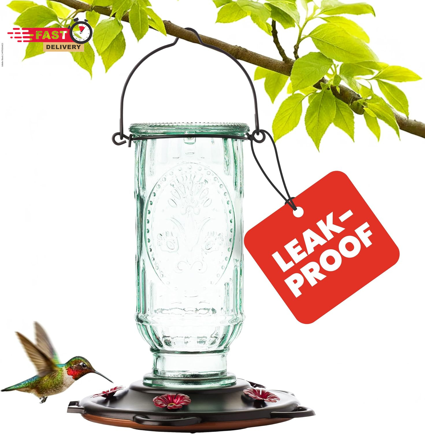 More Birds Vintage Hummingbird Feeder, Antique Glass Bottle,