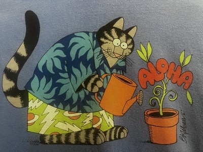 B. Kliban Cat CRAZY SHIRT Blue Hawaii Dyed ALOHA T-Shirt Size Large