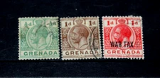 GRENADA 1913 LOT OF 3 KING GEORGE  ISSUES WITH WAR TAX SURCHARGE  FINE,,USED
