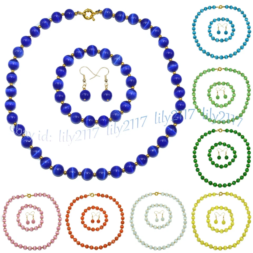 6-14mm Multicolor Opal Cat's Eye Round Gems Beads Necklace Bracelet Earrings Set - Image 2 of 4
