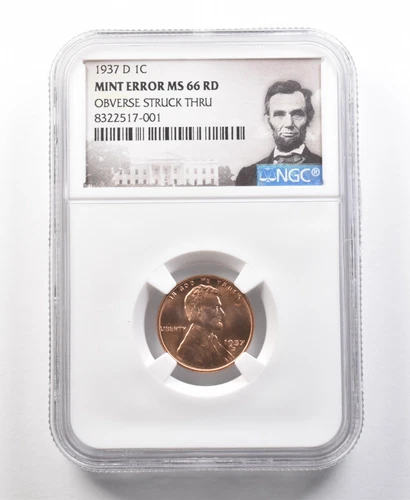 1937-D Lincoln Wheat Cent Mint Error Obverse Struck Thru MS66 RD NGC *1107