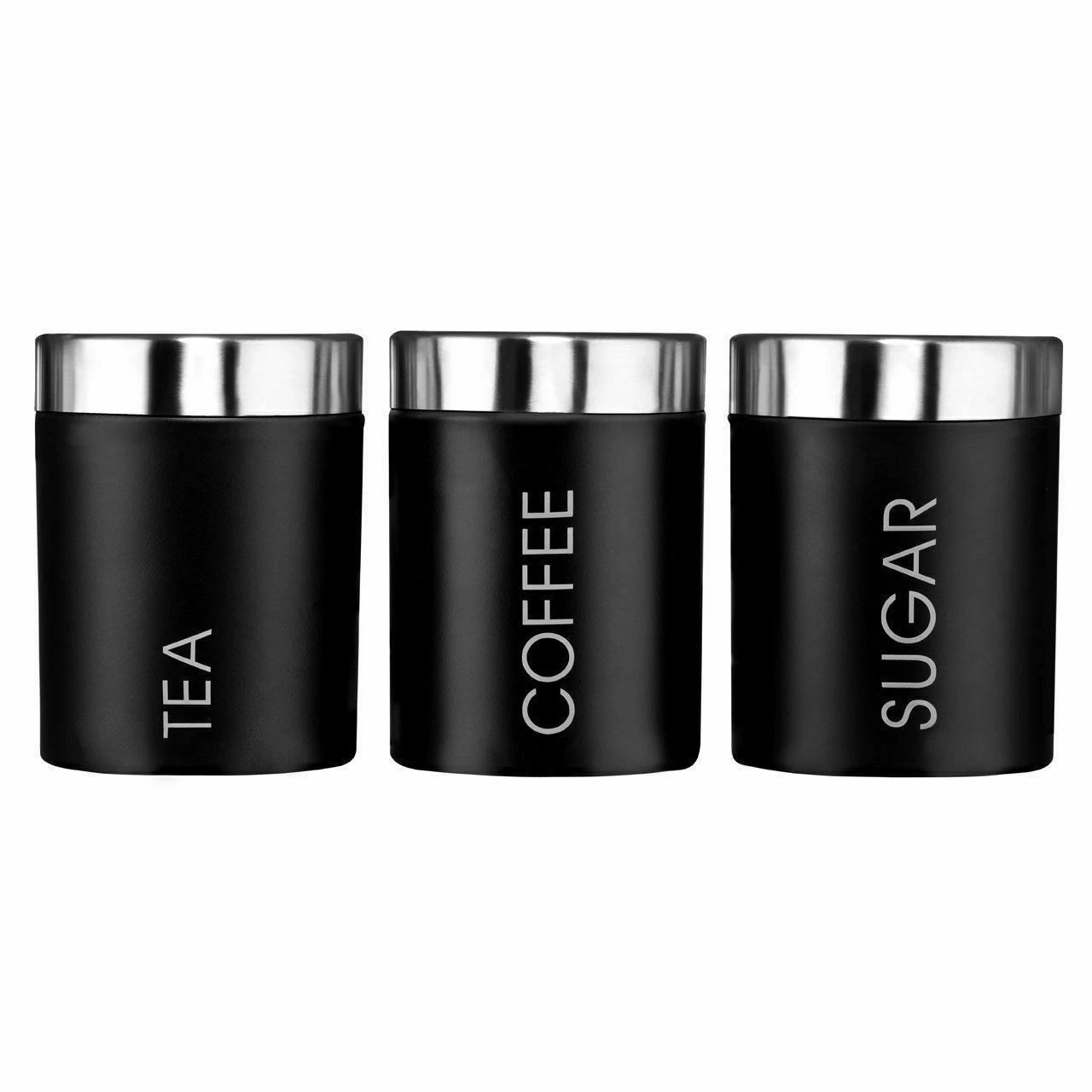 Tea Coffee Sugar Set of 3x Kitchen Storage Canister Jar Pot Container Tin Black