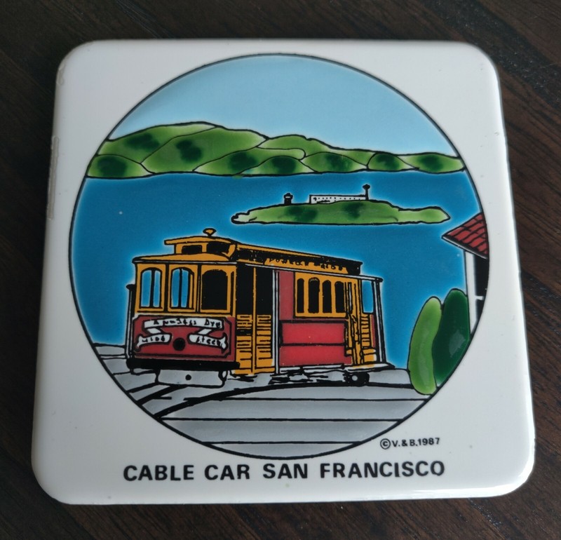 1987 Vintage V&B Ceramic Tile 3D Paint Texture-San Fran Cable Car and Alcatraz
