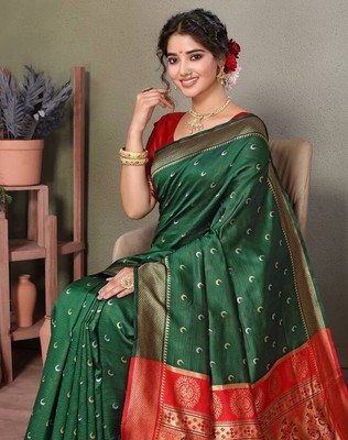 Self Design Kanjivaram Silk Blend Saree, Indian Women Traditional Saree, (Green)