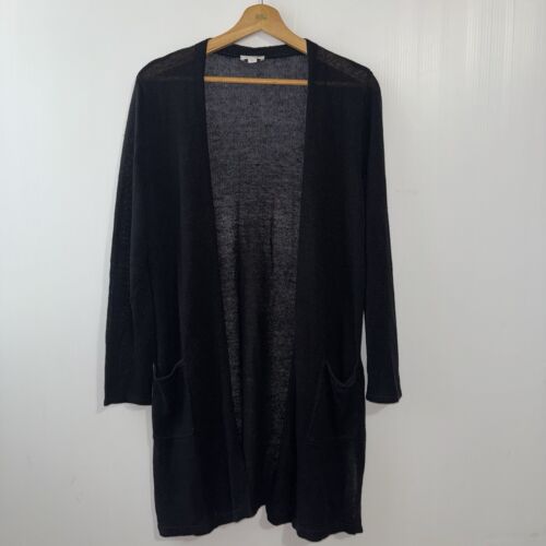 J Jill Linen Blend Women’s Sz M Knit Open Cardigan Black Pockets