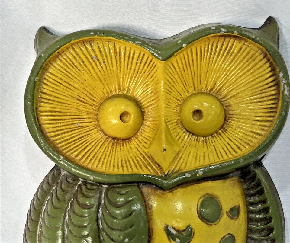 Vintage 1970 Sexton Owl Cast Aluminum Wall Art Hanging Decor Green