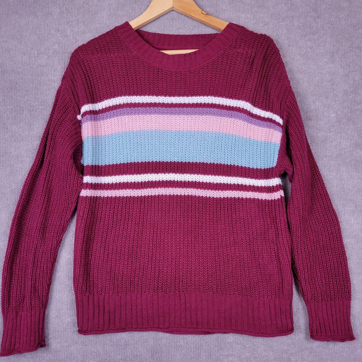 AMERICAN EAGLE Sweater Women's XS Maroon Pink Stripes Stretch Tight Knit Top