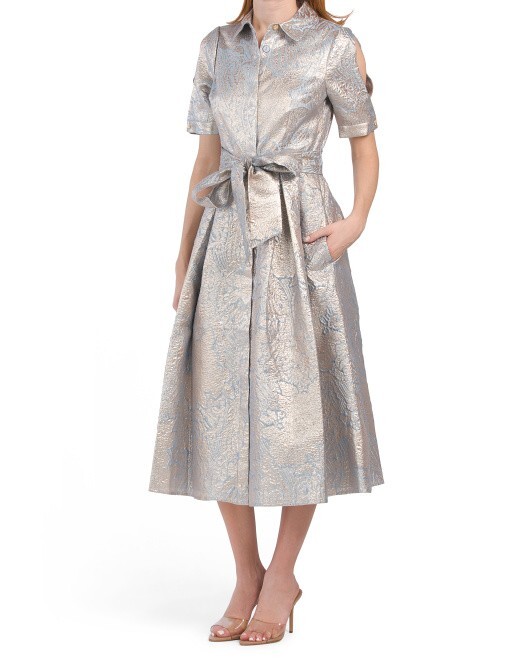Teri Jon by Rickie Freeman Shot Slit Sleeve Metallic Jacquard Shirt Dress (s.22)