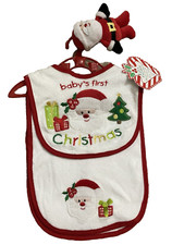 NWT Baby's first Christmas 3 Pc bib Burp Cloth Rattle Toy Set santa Essentials