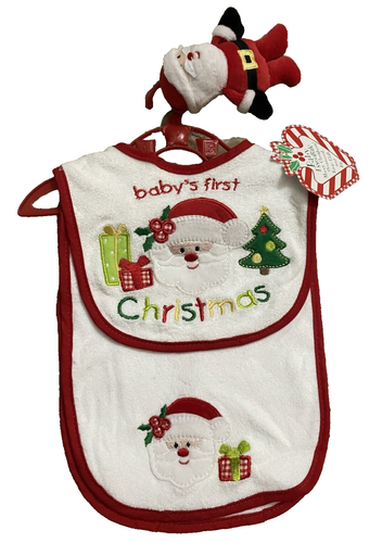 NWT Baby's first Christmas 3 Pc bib Burp Cloth Rattle Toy Set santa Essentials - Picture 2 of 4
